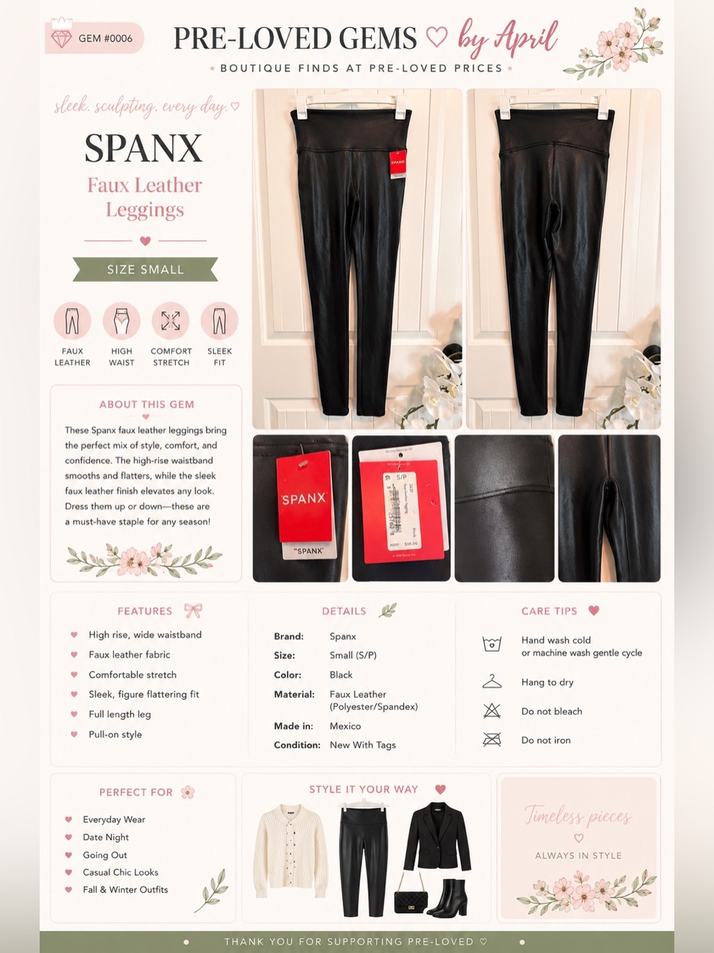 NWT SPANX Faux Leather Leggings Black S Style 2437